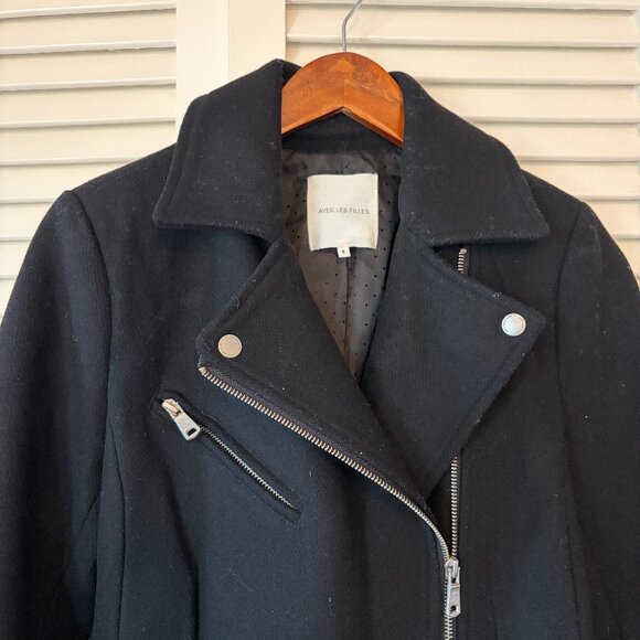 Avec Les Filles A-Line Twill Moto coat small black zippers wool biker long - Picture 5 of 12